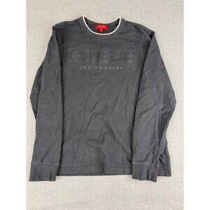 Guess Los Angeles Mens Long Sleeve T-Shirt Embossed Logo Black Gray Large